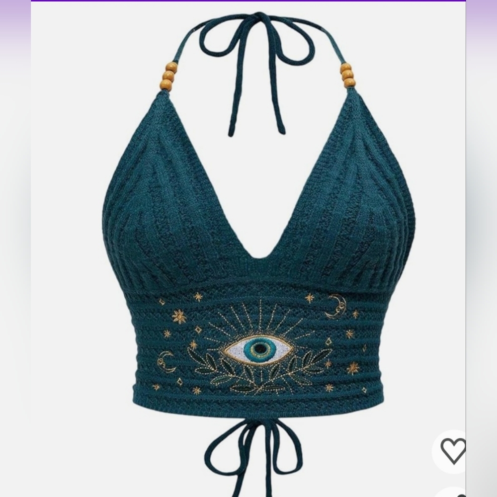 AMAZON Plus Size Embroidered Halter Crop Top In Blue